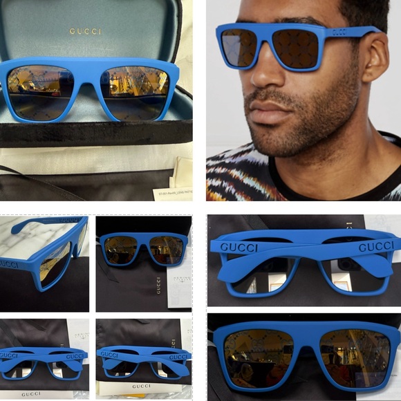 GUCCI MATTE BLUE GREY MIRRORED “GG” MONOGRAM SQUARE SUNGLASSES - Picture 10 of 16